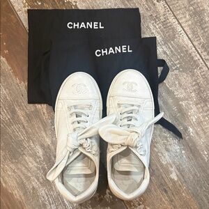 CHANEL Ivory Lace-Up Sneakers